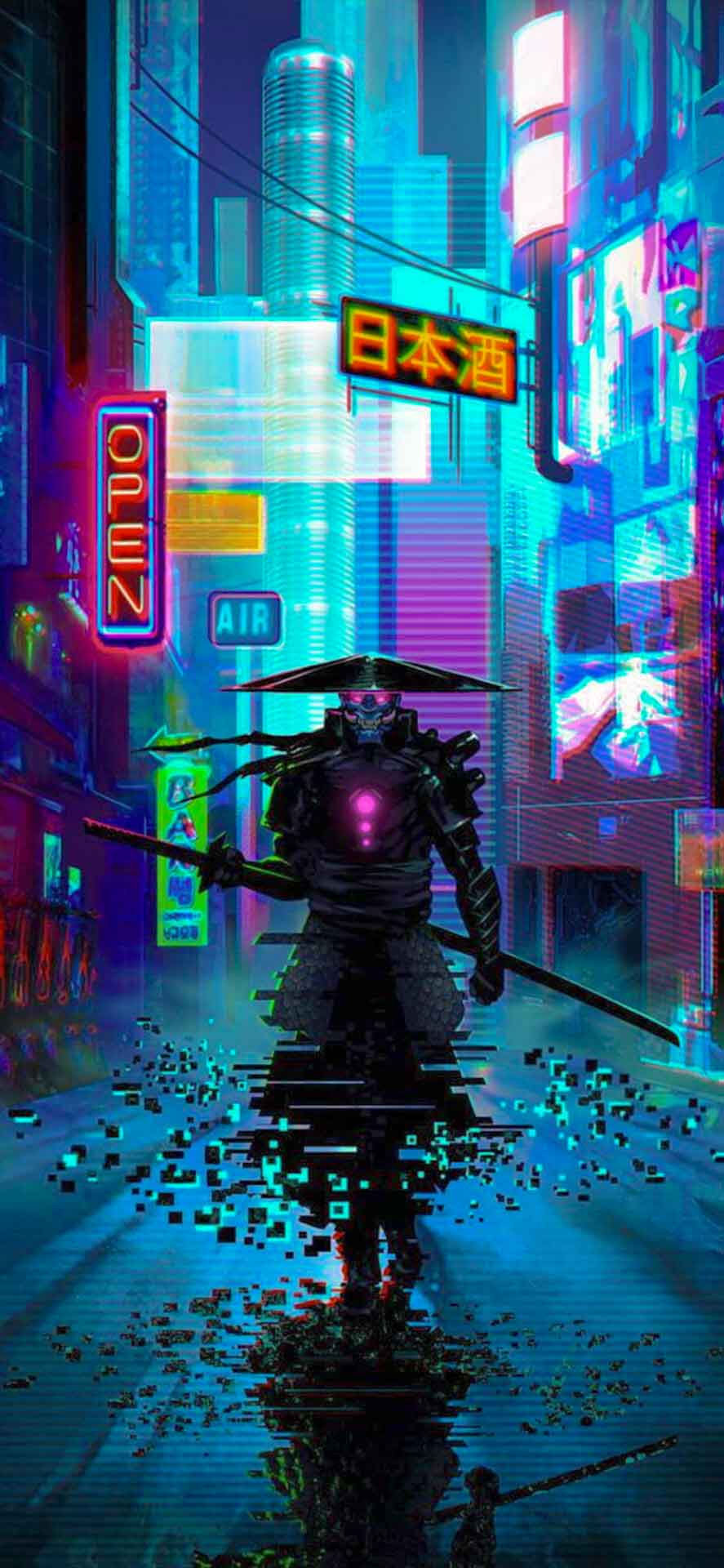 赛博朋克武士霓虹灯壁纸