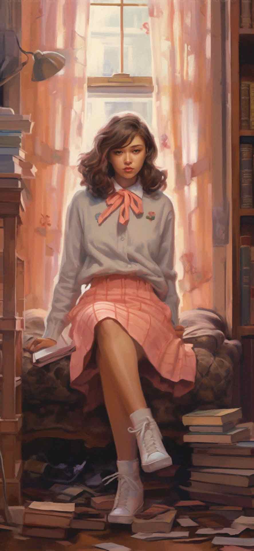 预科生女孩与书籍艺术壁纸