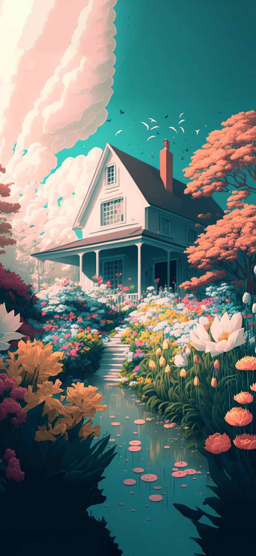 春天的花朵花园和房屋壁纸