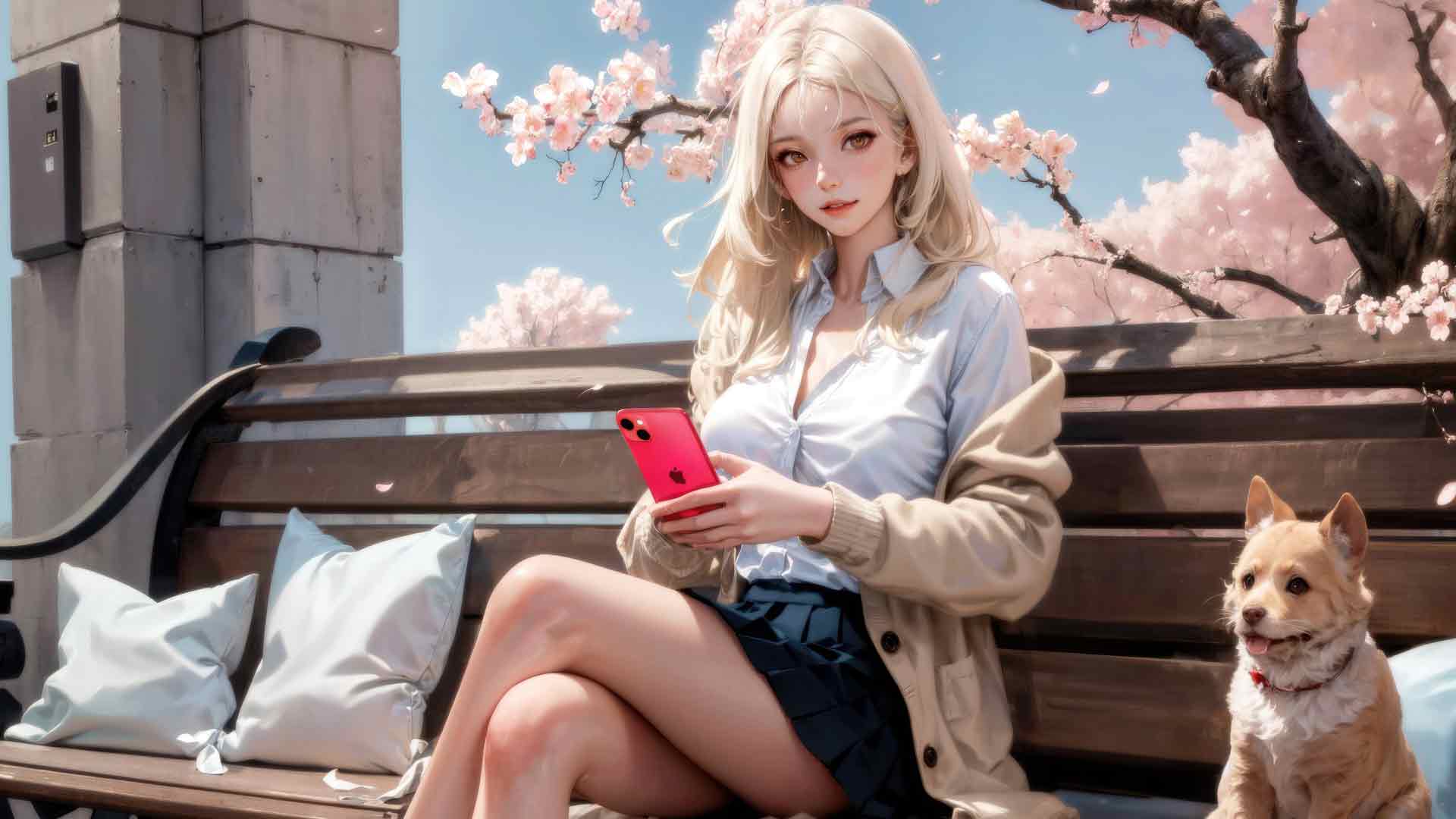 樱花低语中拿着智能手机的女学生的宁静时刻 5K