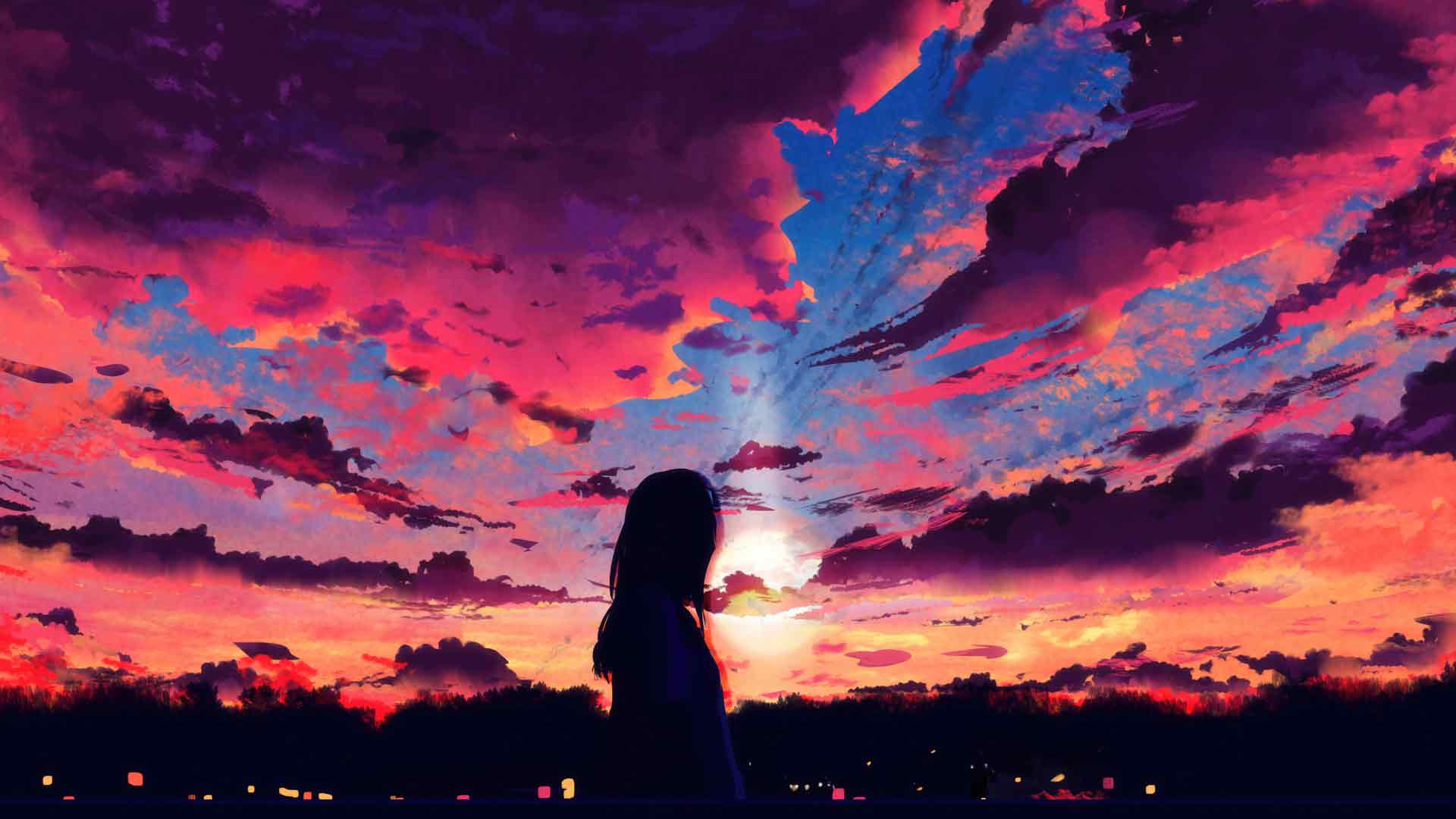 拥抱傍晚平静的动漫女孩