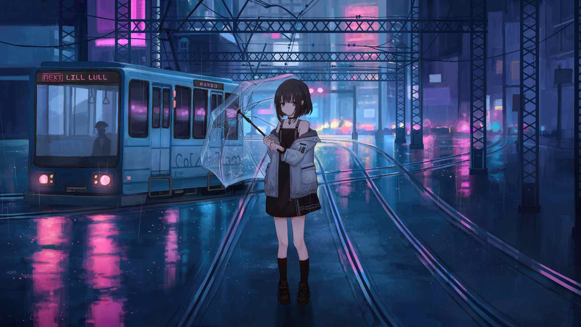 霓虹灯下打着伞的动漫女孩电车经过