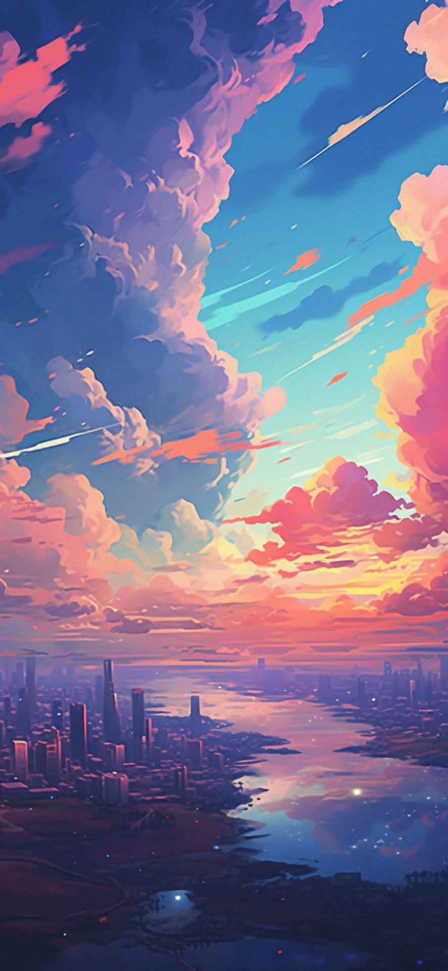 城市壁纸上空的彩云