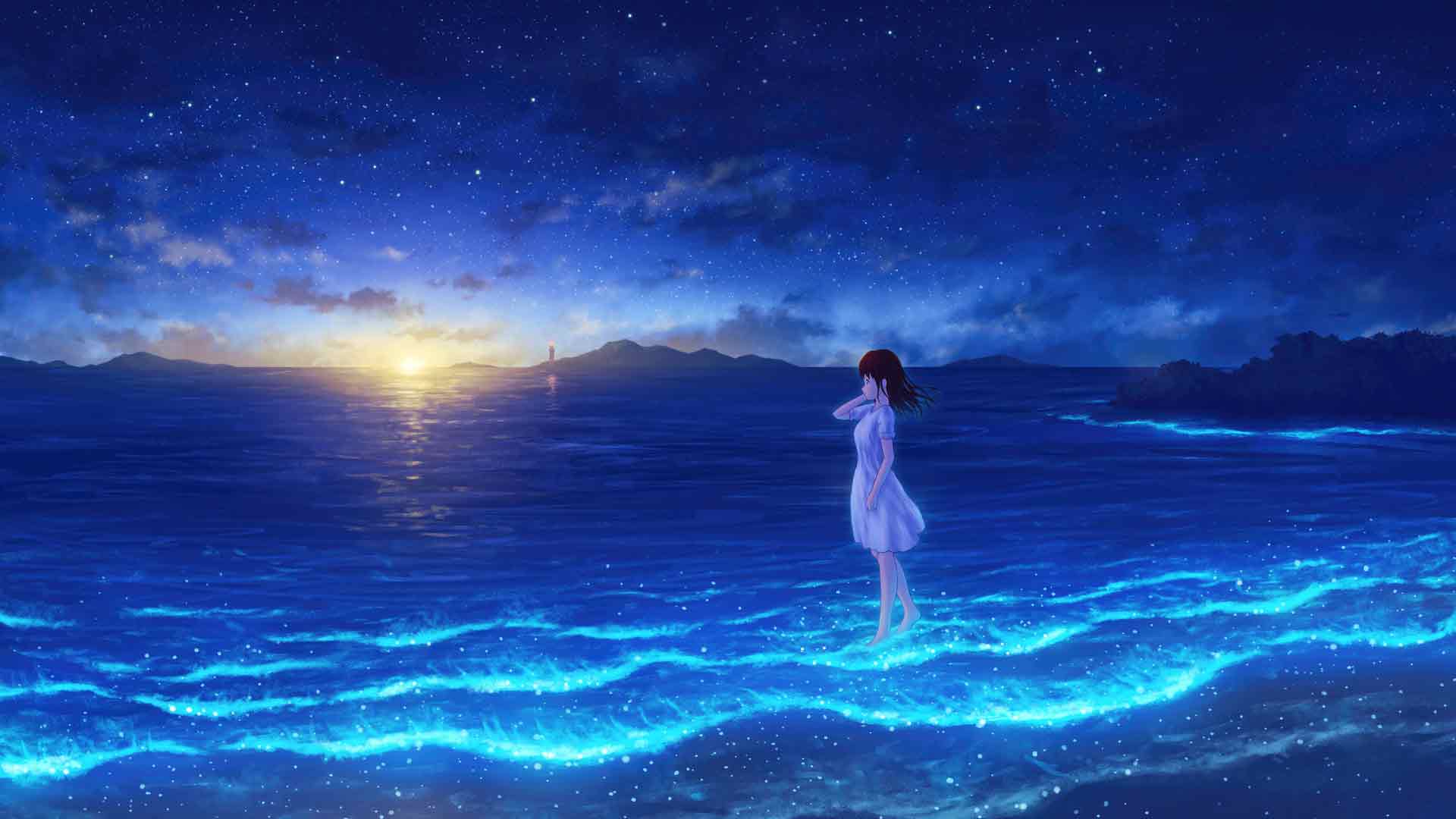 夜海的低语 动漫 月光下的少女 5K