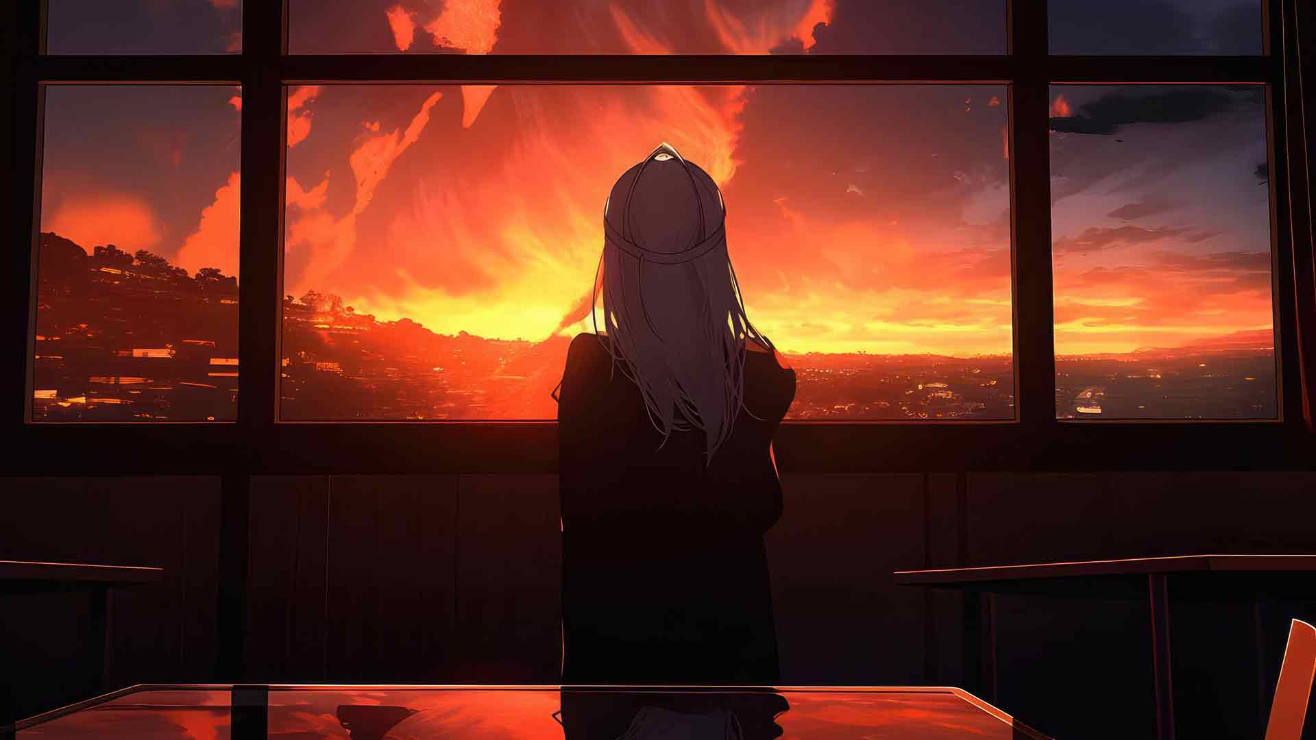 玻璃之外的世界动漫女孩窗外风景 4K