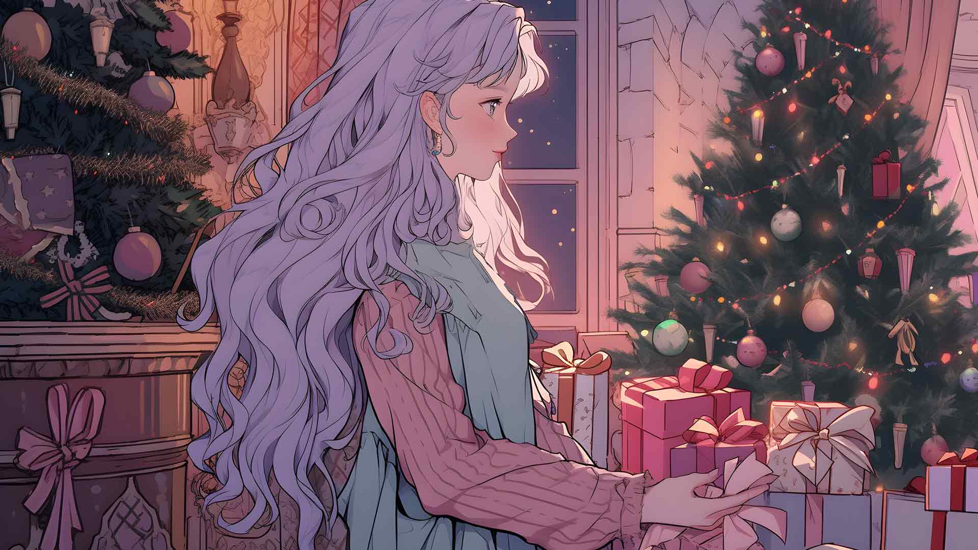 可爱的动漫女孩和圣诞礼物桌面壁纸