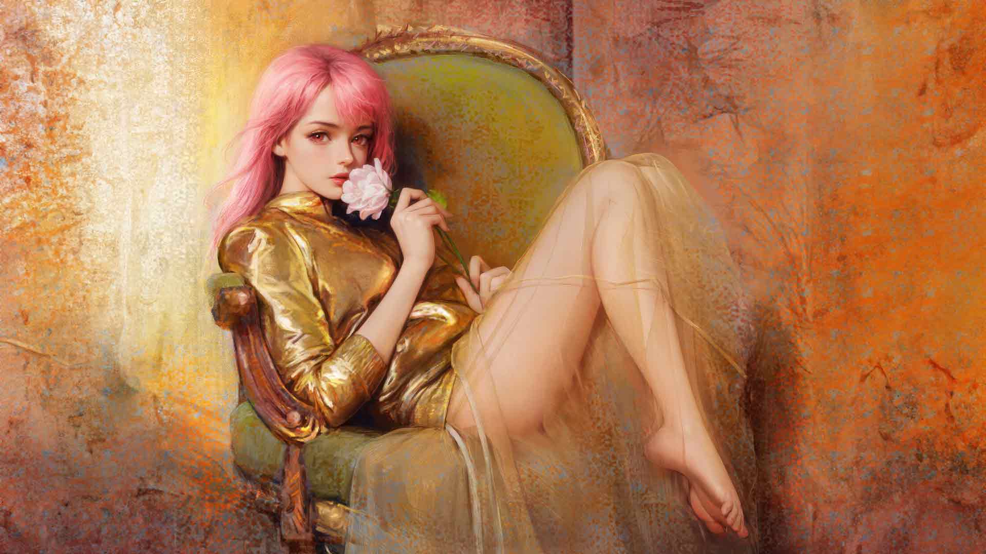 坐在椅子上的宁静梦幻女孩的香气，玫瑰香