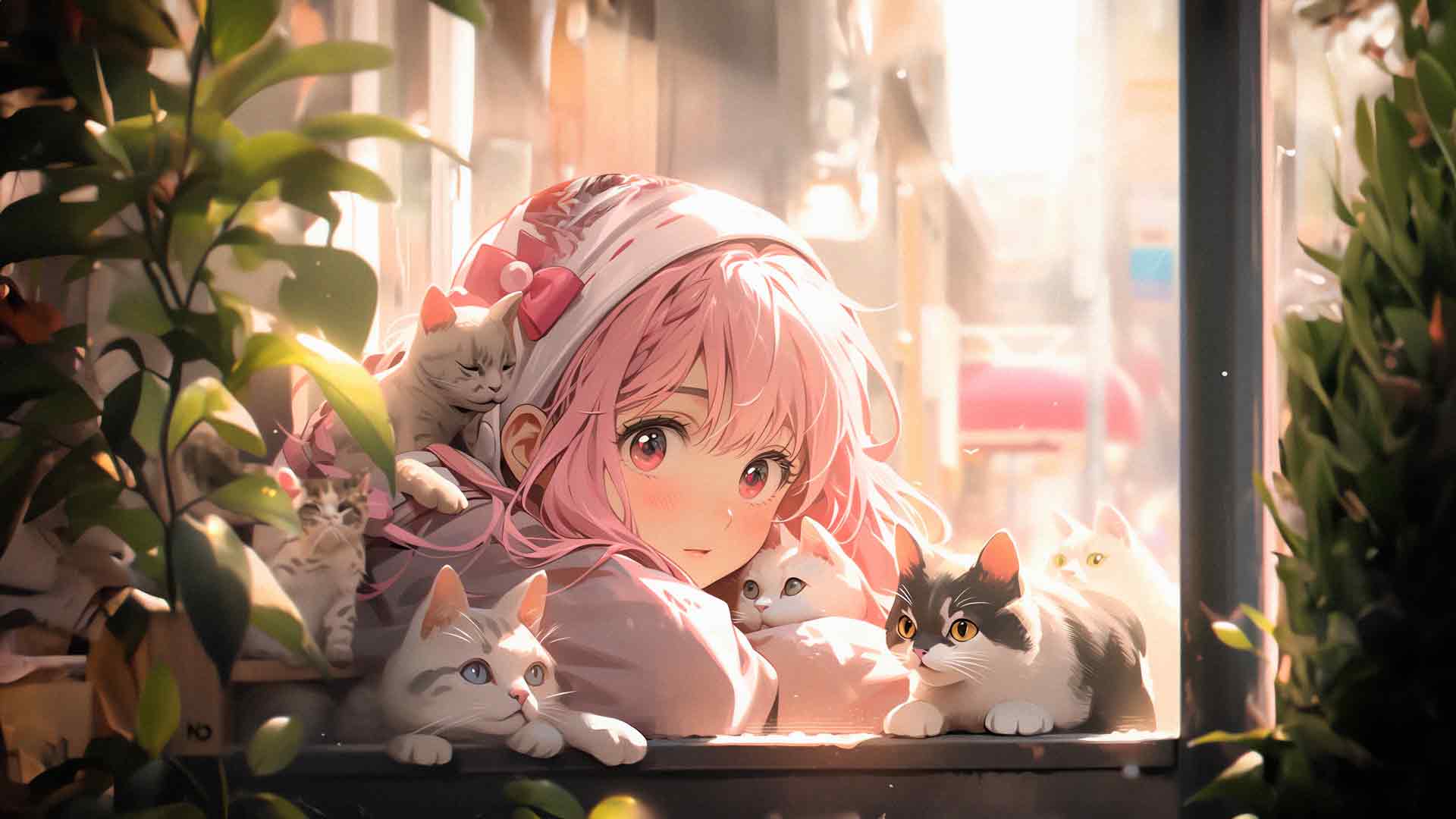 卡哇伊动漫女孩与可爱的猫！
