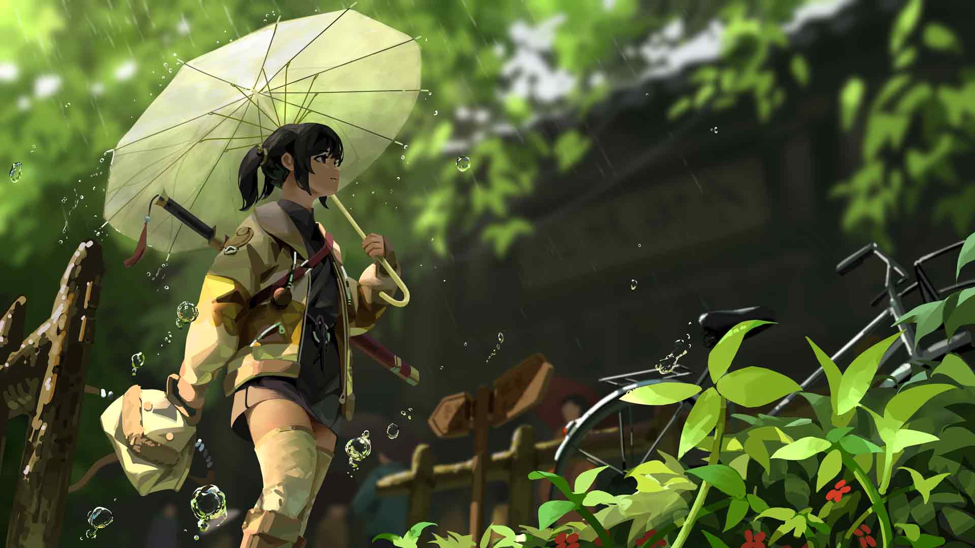 动漫女孩在雨中 4K 桌面壁纸