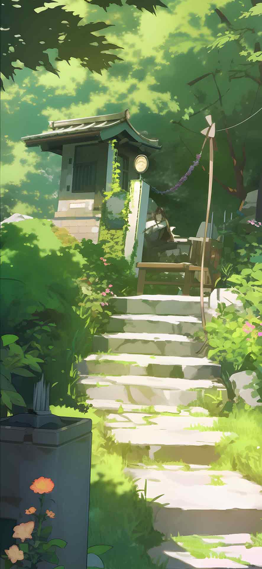 石楼梯和迷人的绿化美学壁纸