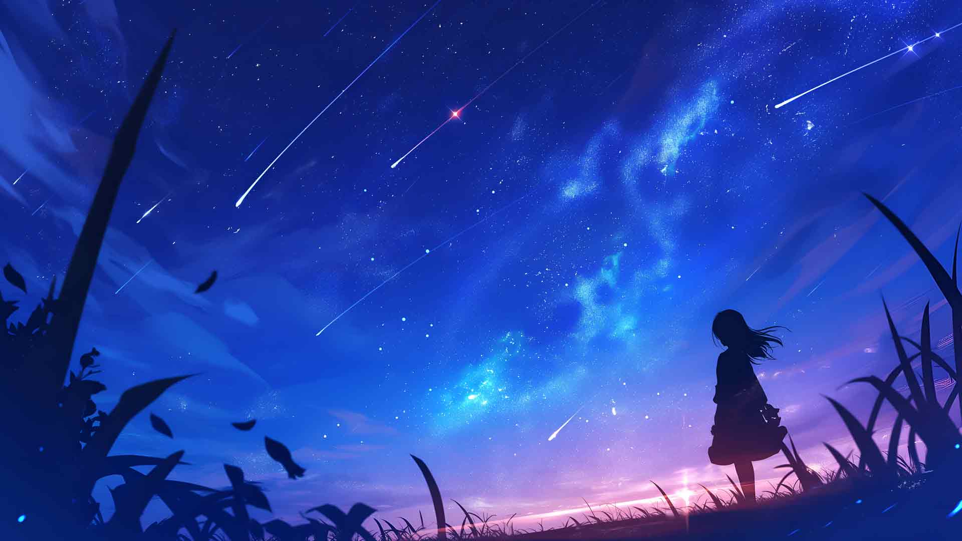 女孩观看流星雨的夜空桌面壁纸