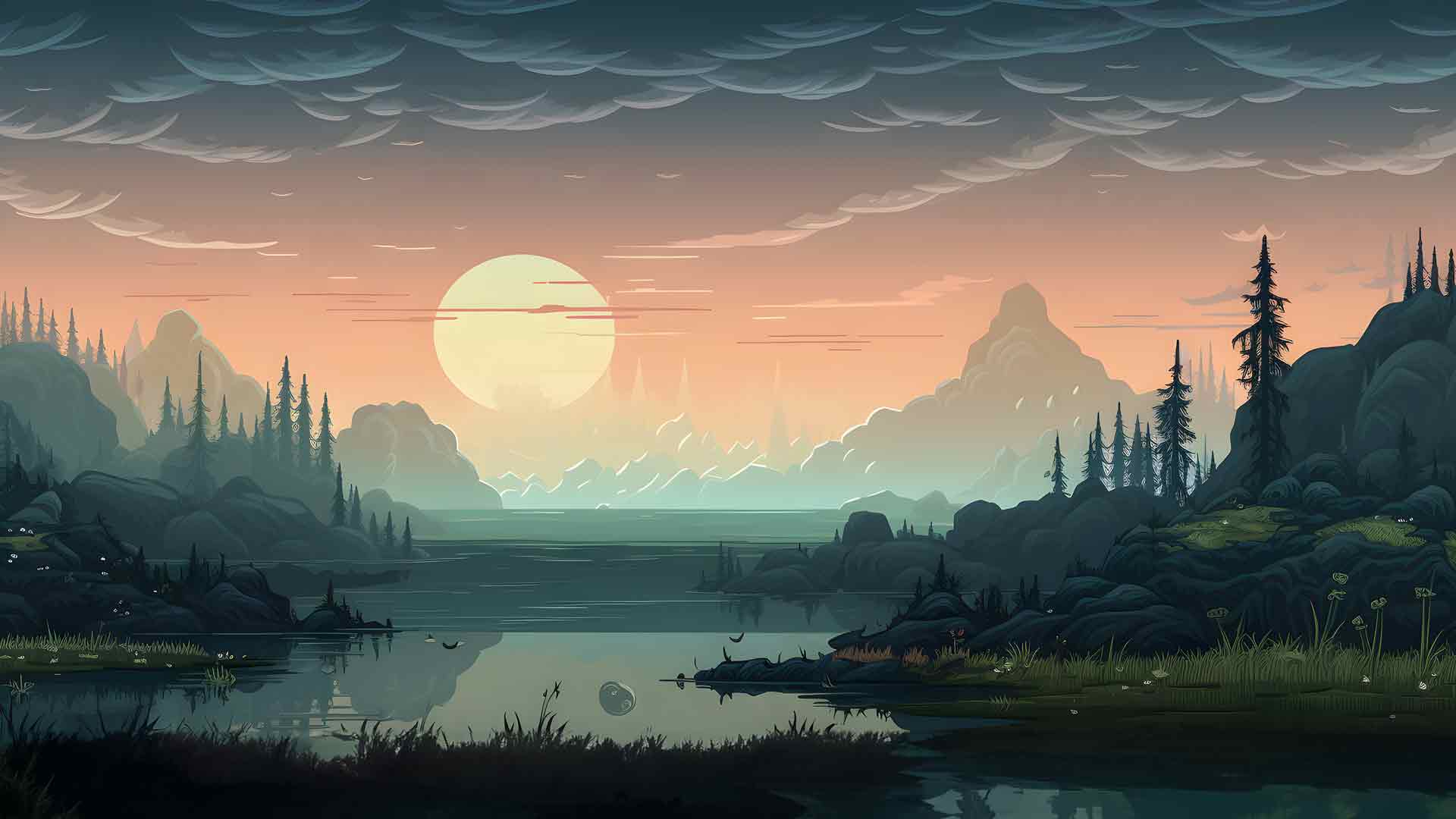 湖泊日落艺术桌面壁纸