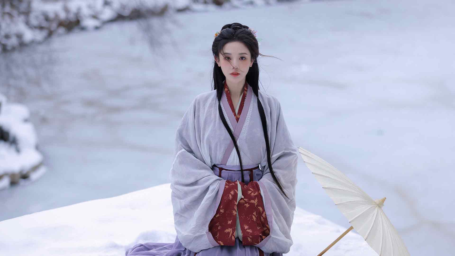 冬天 雪地 古风美女彭小苒4K壁纸