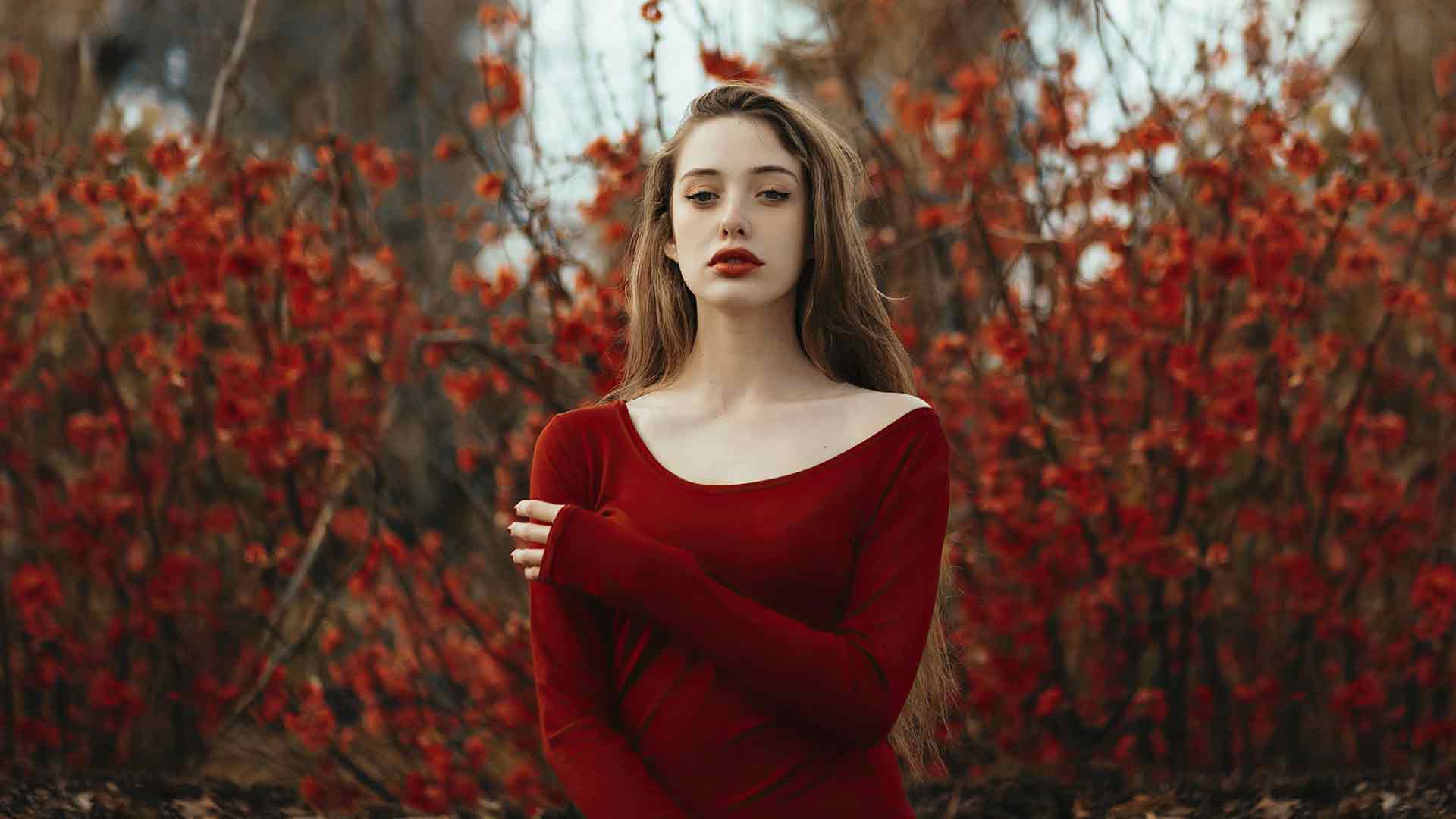 女孩红色连衣裙 4k