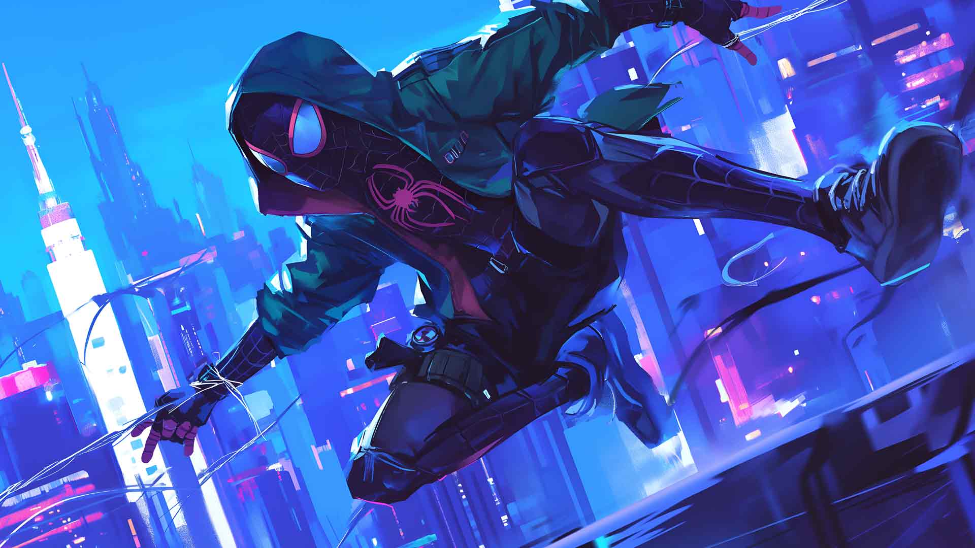 蜘蛛侠迈尔斯·莫拉莱斯夜晚城市桌面壁纸