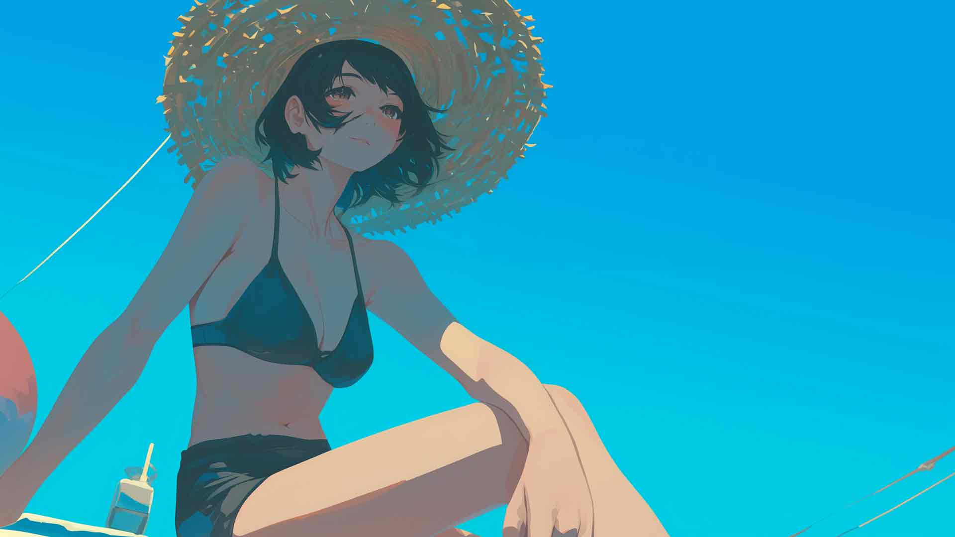 动漫女孩在草帽蓝色夏季桌面壁纸