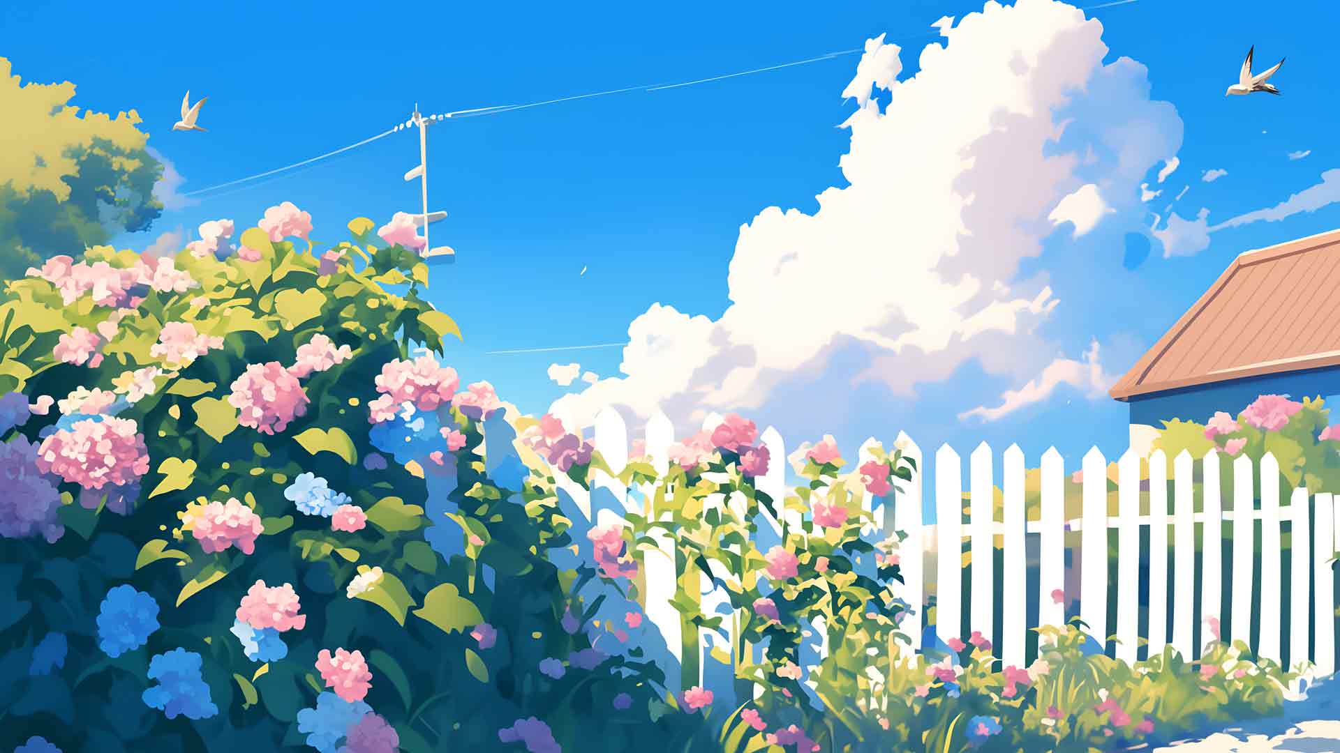花屋栅栏夏季美学桌面壁纸