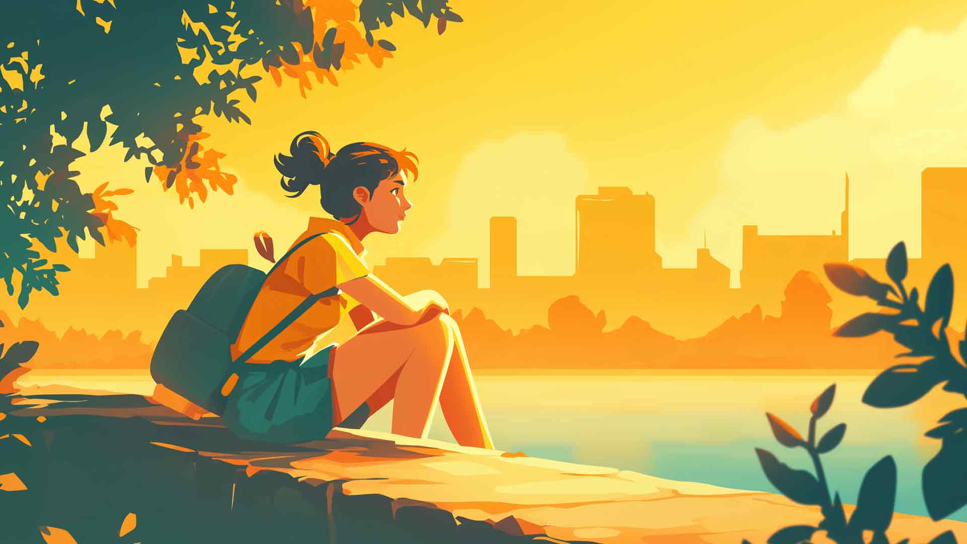 女孩享受城市河流夏季桌面壁纸