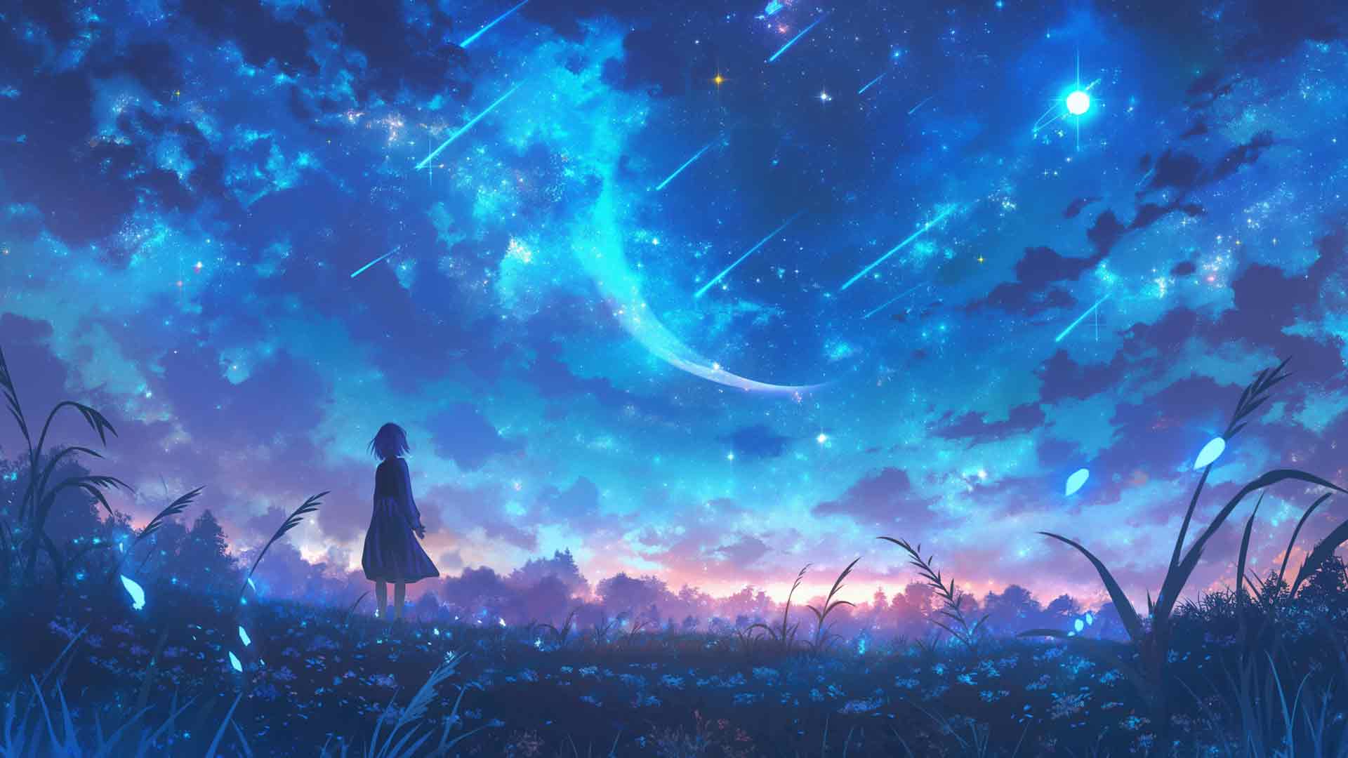 孤独的女孩看流星雨蓝色桌面壁纸