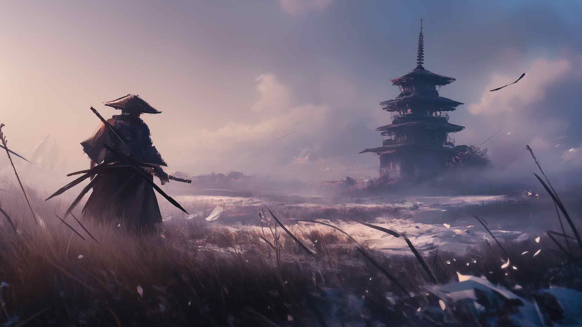 武士和宝塔在田野桌面壁纸