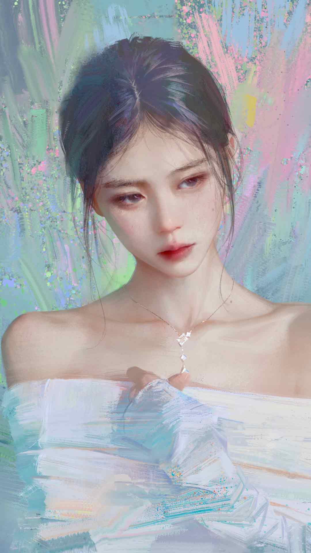 抹胸裙气质美女手绘插画手机壁纸