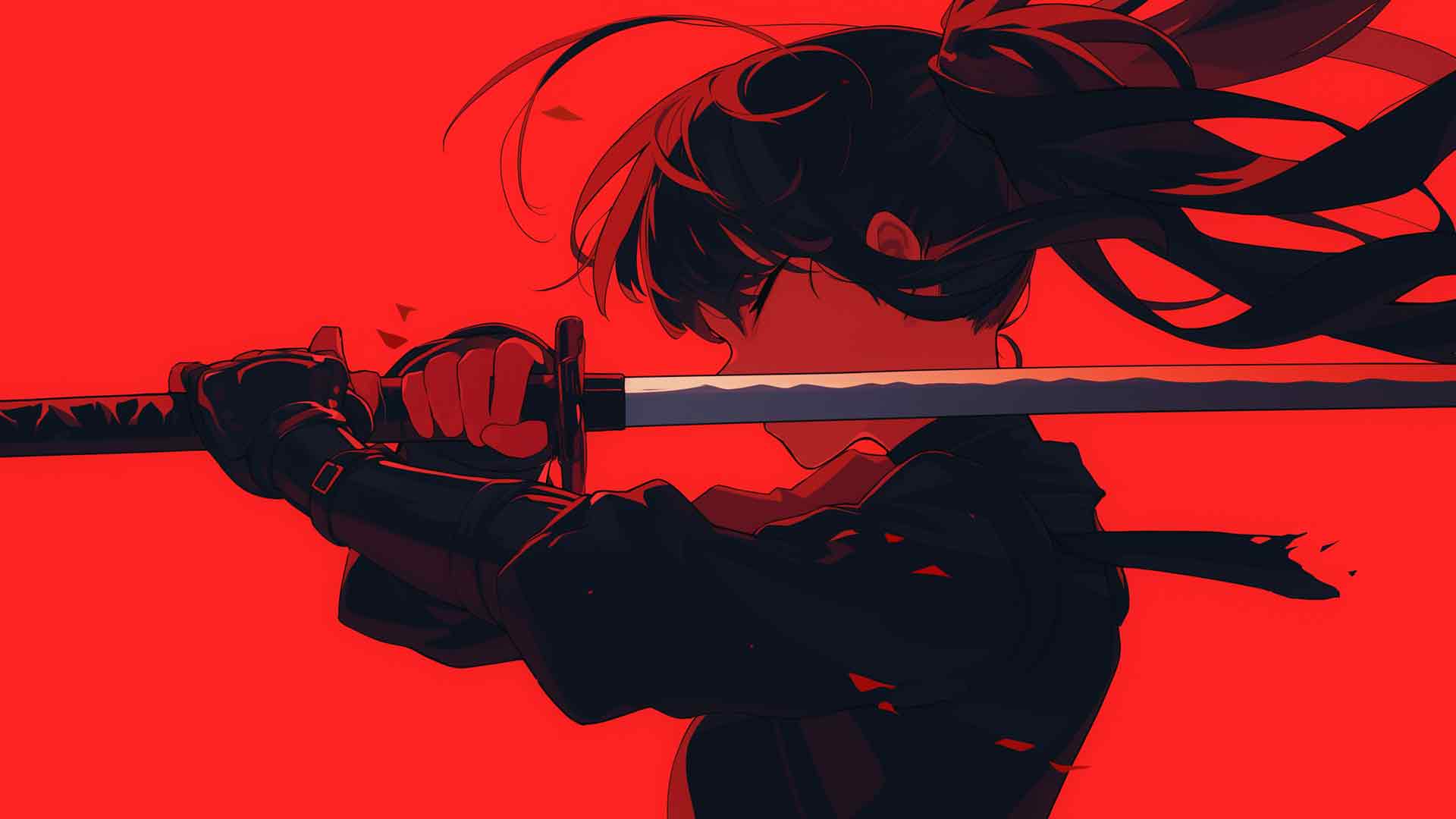 动漫女孩与剑红色桌面壁纸