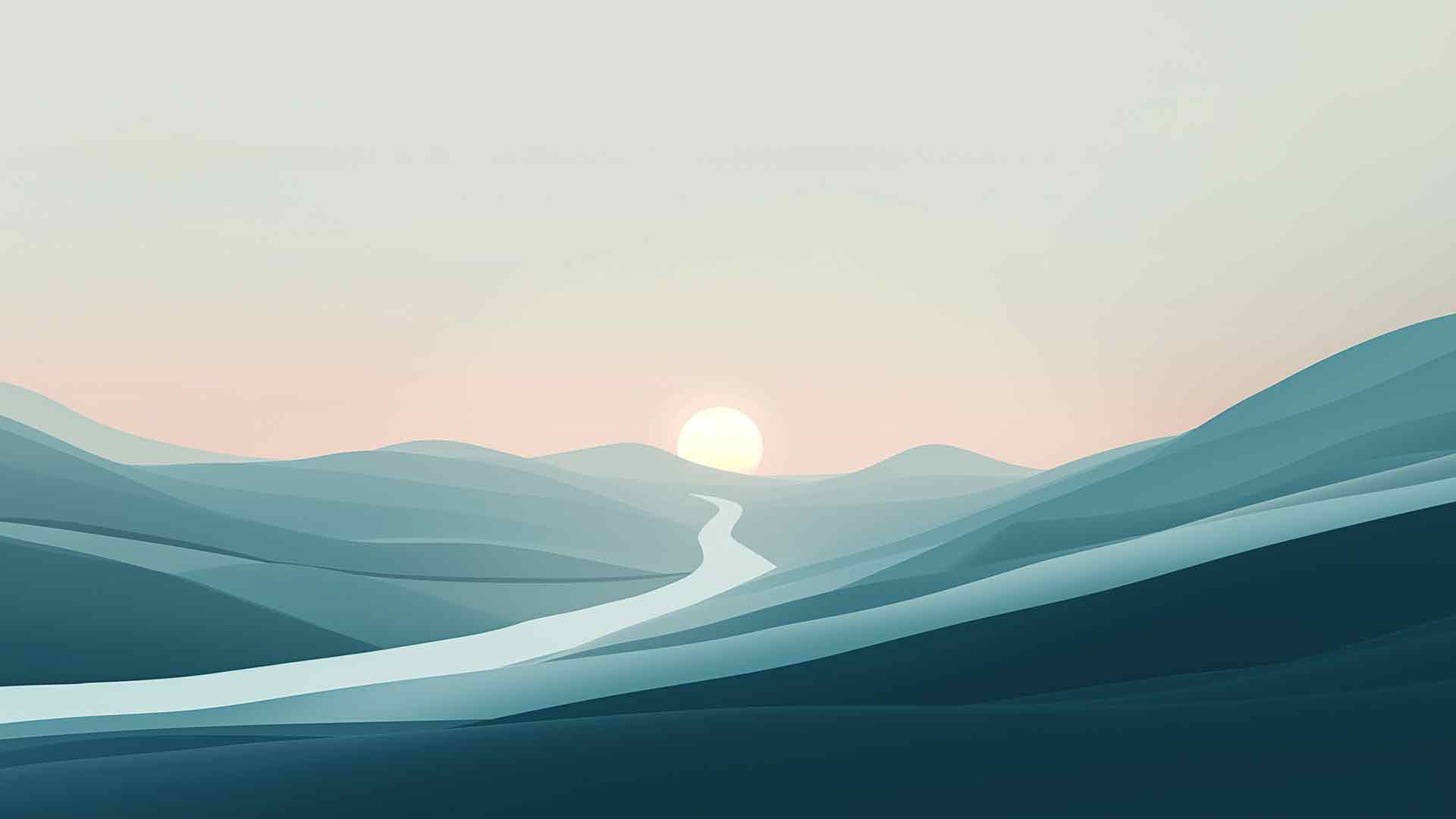 黎明时分的极简山脉河流桌面壁纸