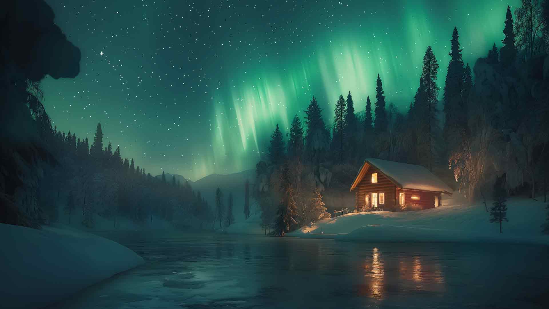 北极光小屋冬季天空桌面壁纸