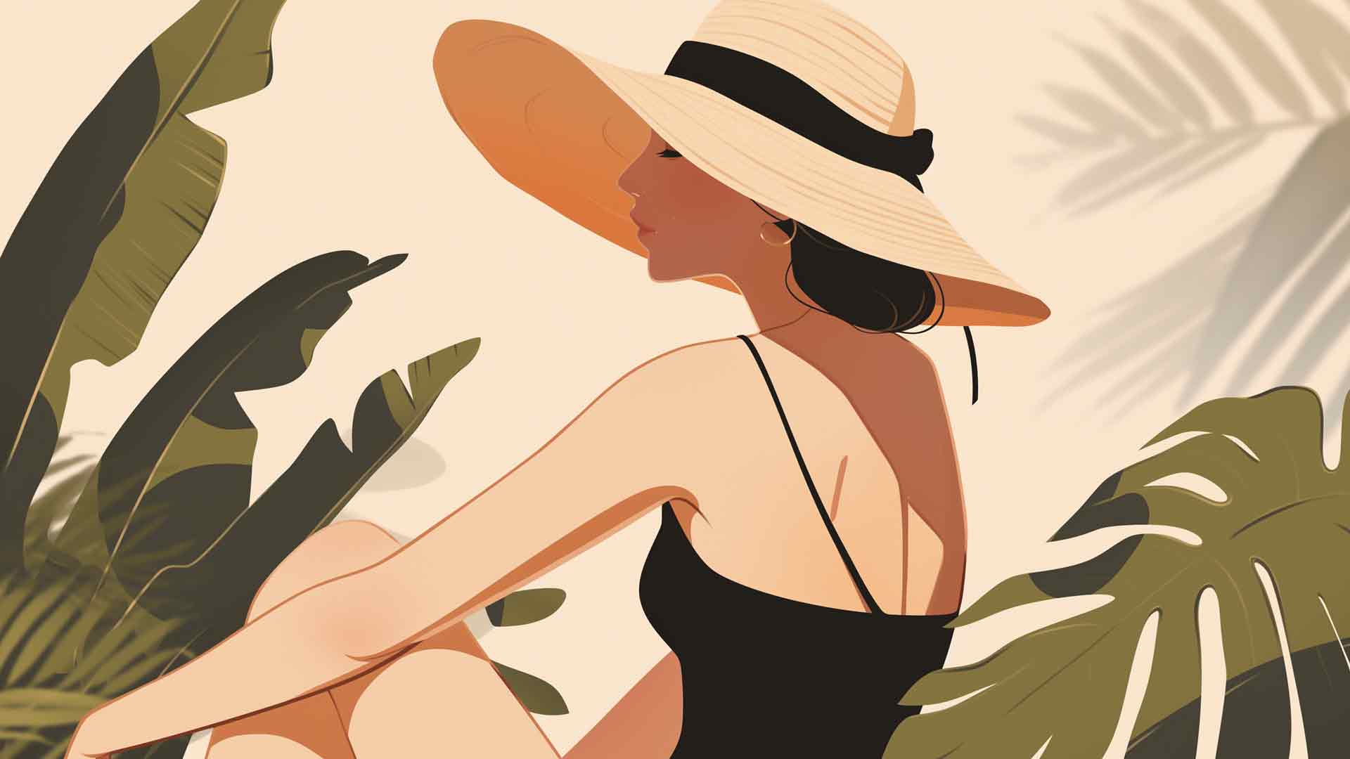 夏日女士遮阳帽树叶桌面壁纸