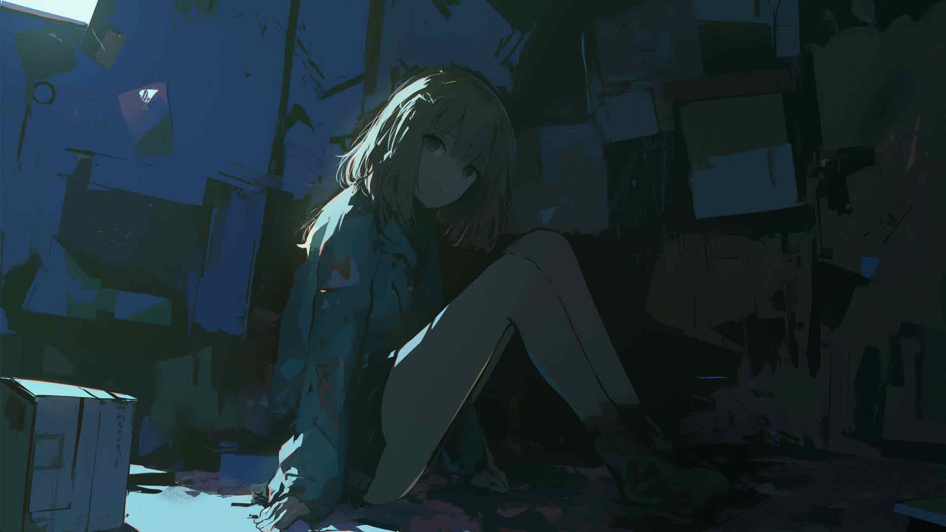 黑暗中的孤独动漫女孩桌面壁纸