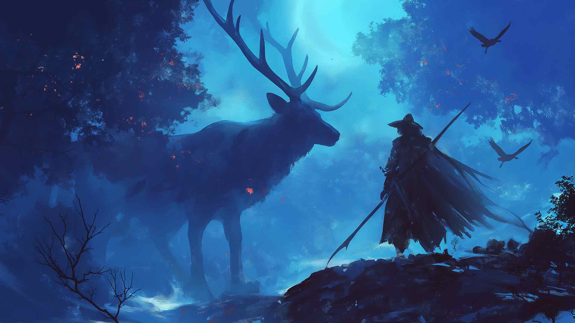 神秘骑士雄鹿森林蓝色桌面壁纸