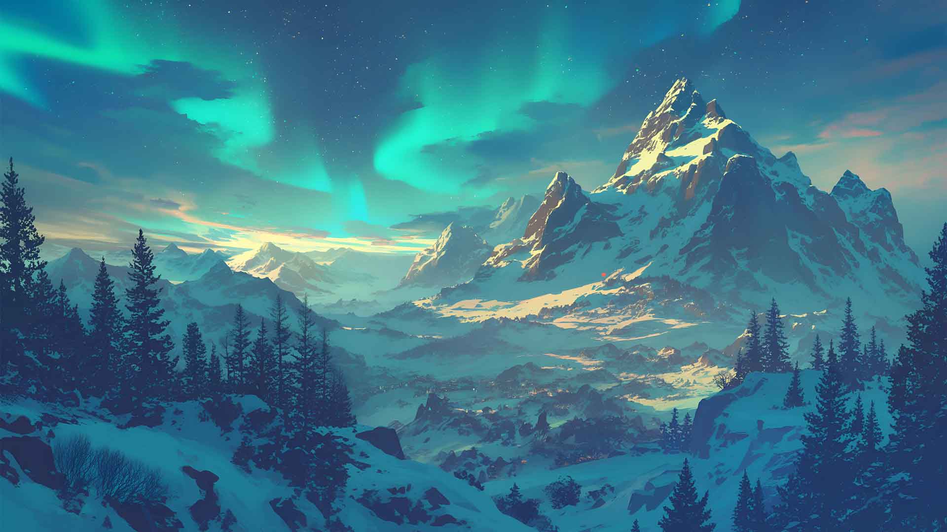 北极光山景桌面壁纸