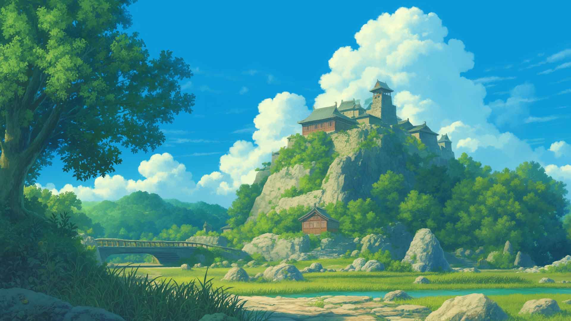 山中隐秘的城堡 吉卜力背景桌面壁纸