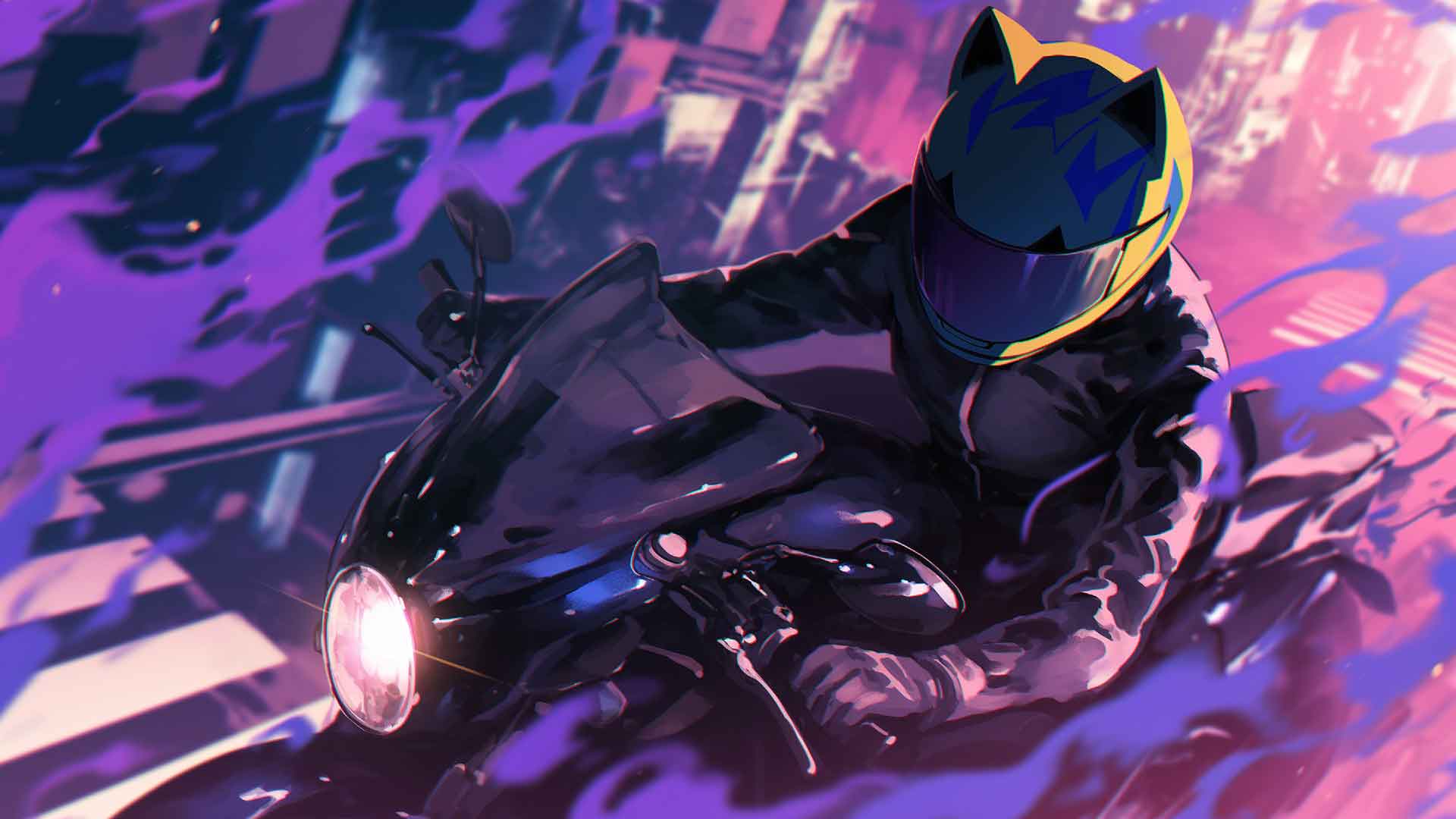 紫色光芒下的摩托車手桌面壁纸