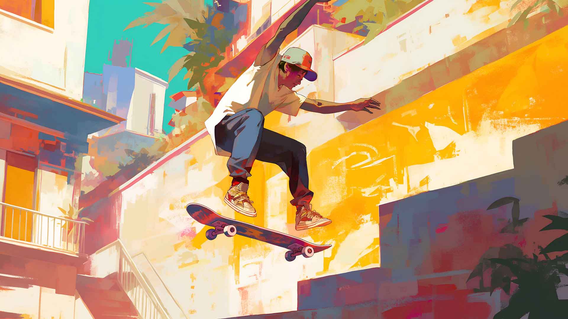 滑板运动员 OLLIE 明亮城市氛围桌面壁纸