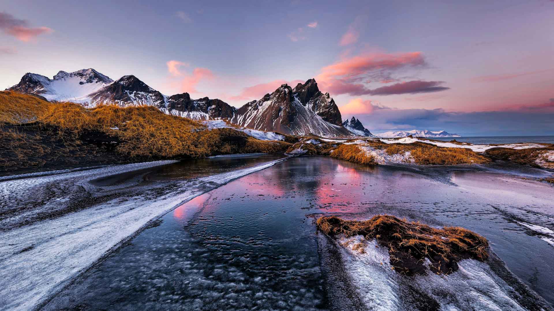 冰岛，日落，海岸，雪山，大海，5K