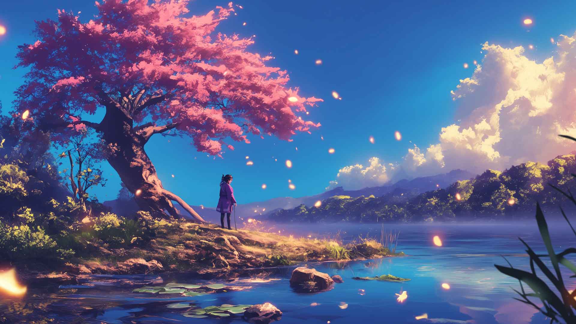 动漫女孩与樱花湖桌面壁纸