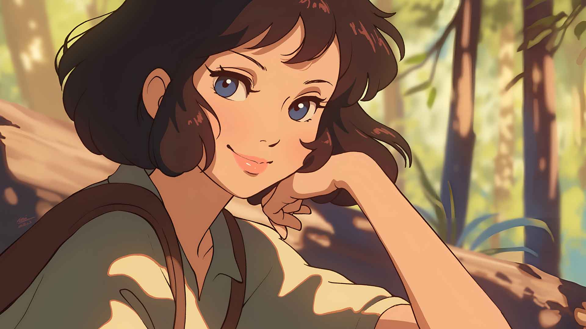 艺术风格动漫女孩森林光芒桌面壁纸