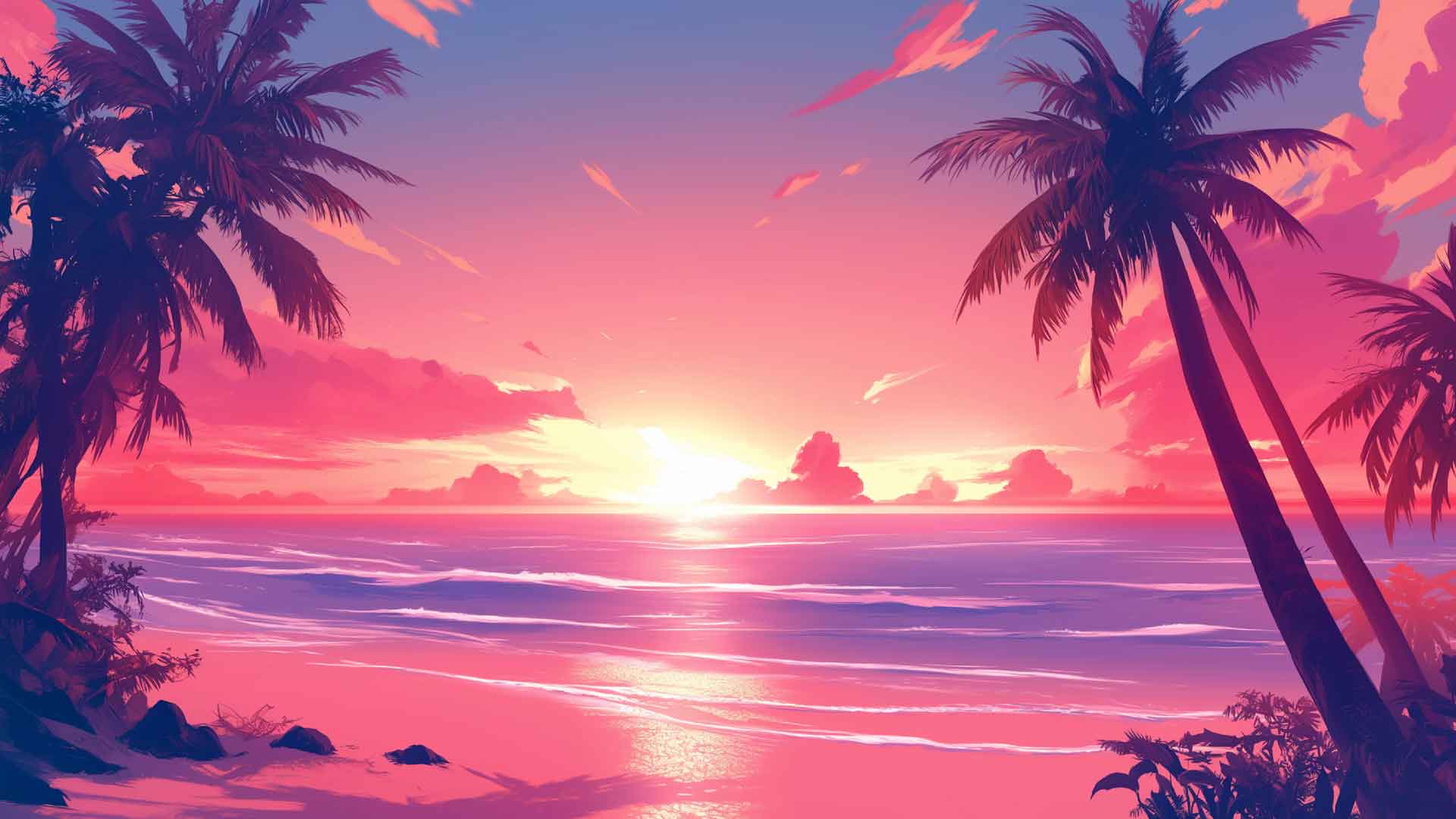 热带海滩日落与粉红色的天空桌面壁纸