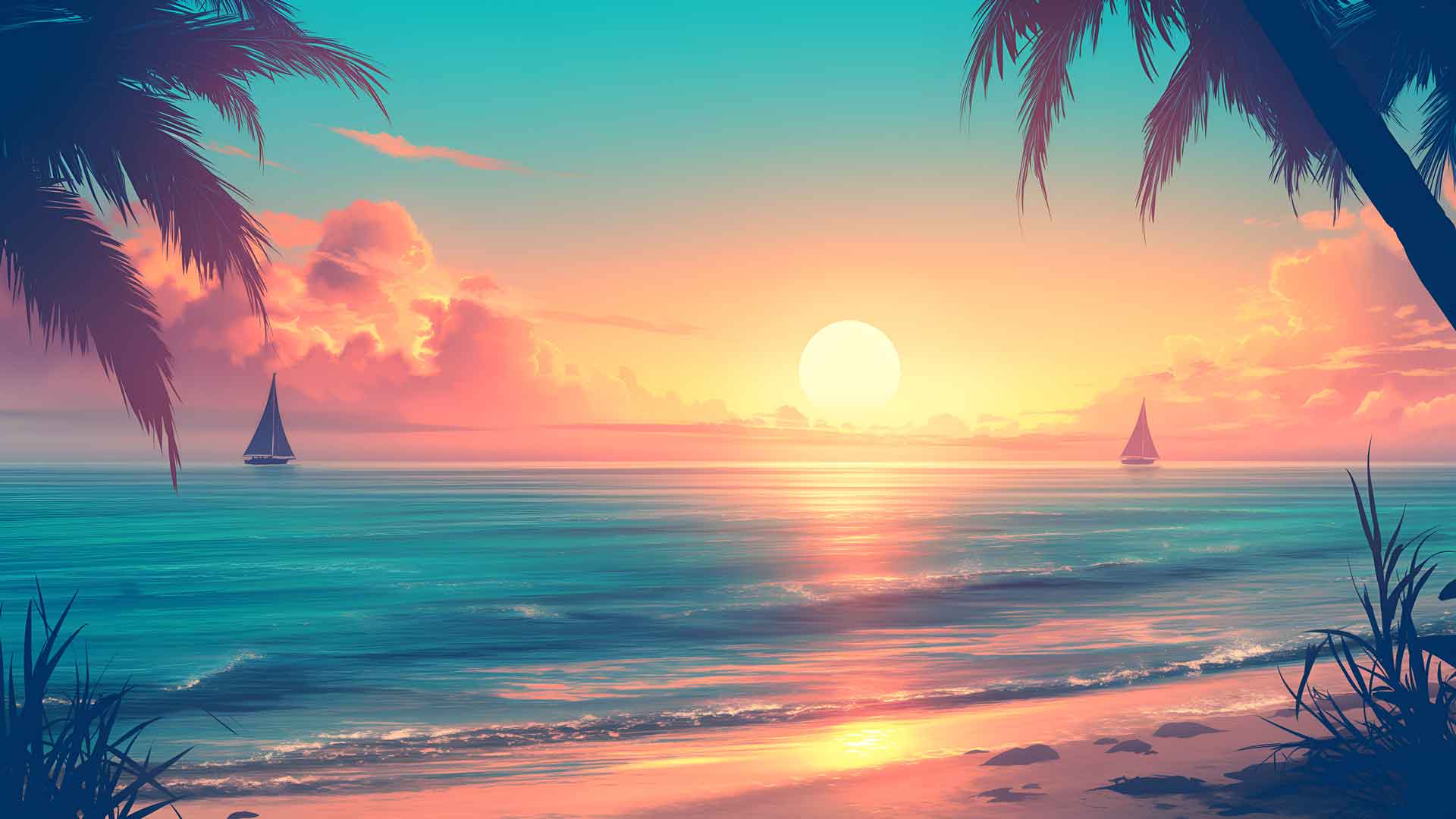 热带日落海滩棕榈树梦幻桌面壁纸