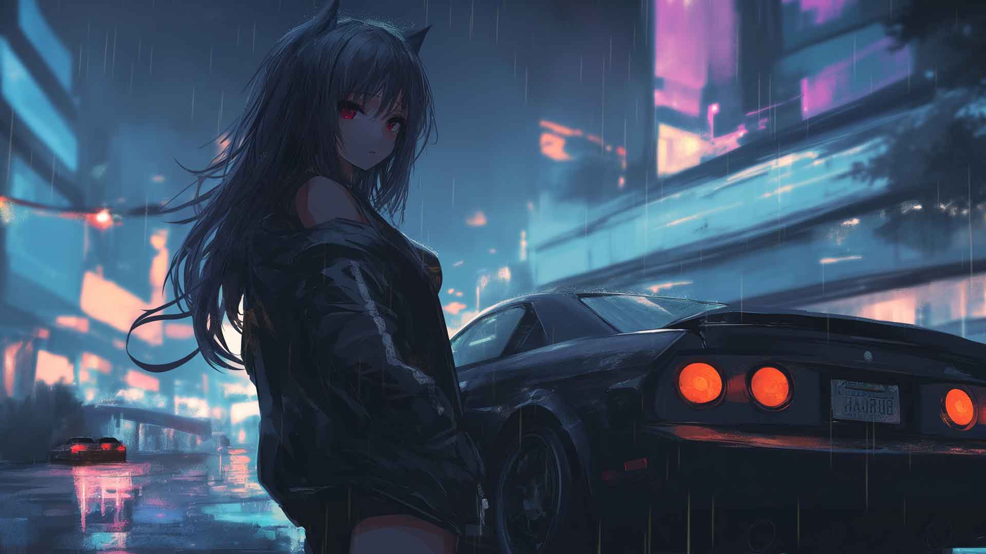 动漫女孩雨车桌面壁纸