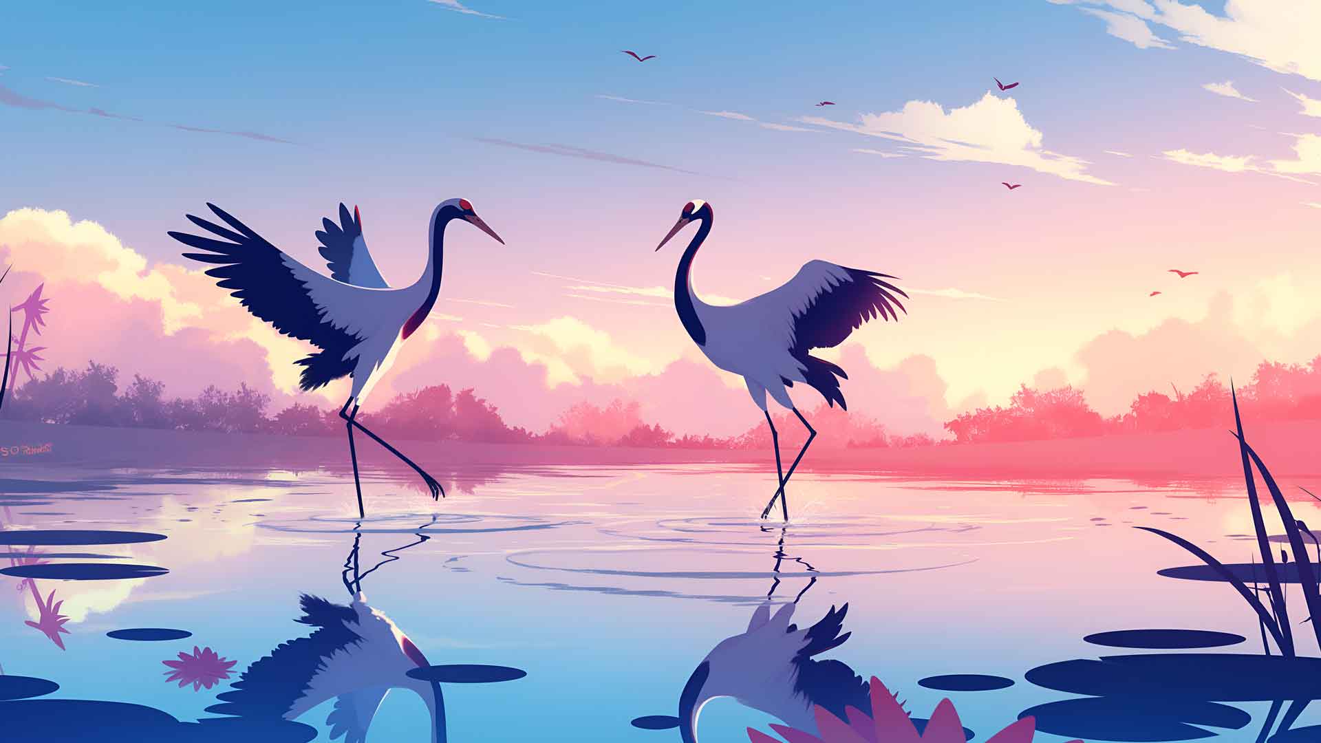 自然鹤宁静的湖泊舞蹈桌面壁纸