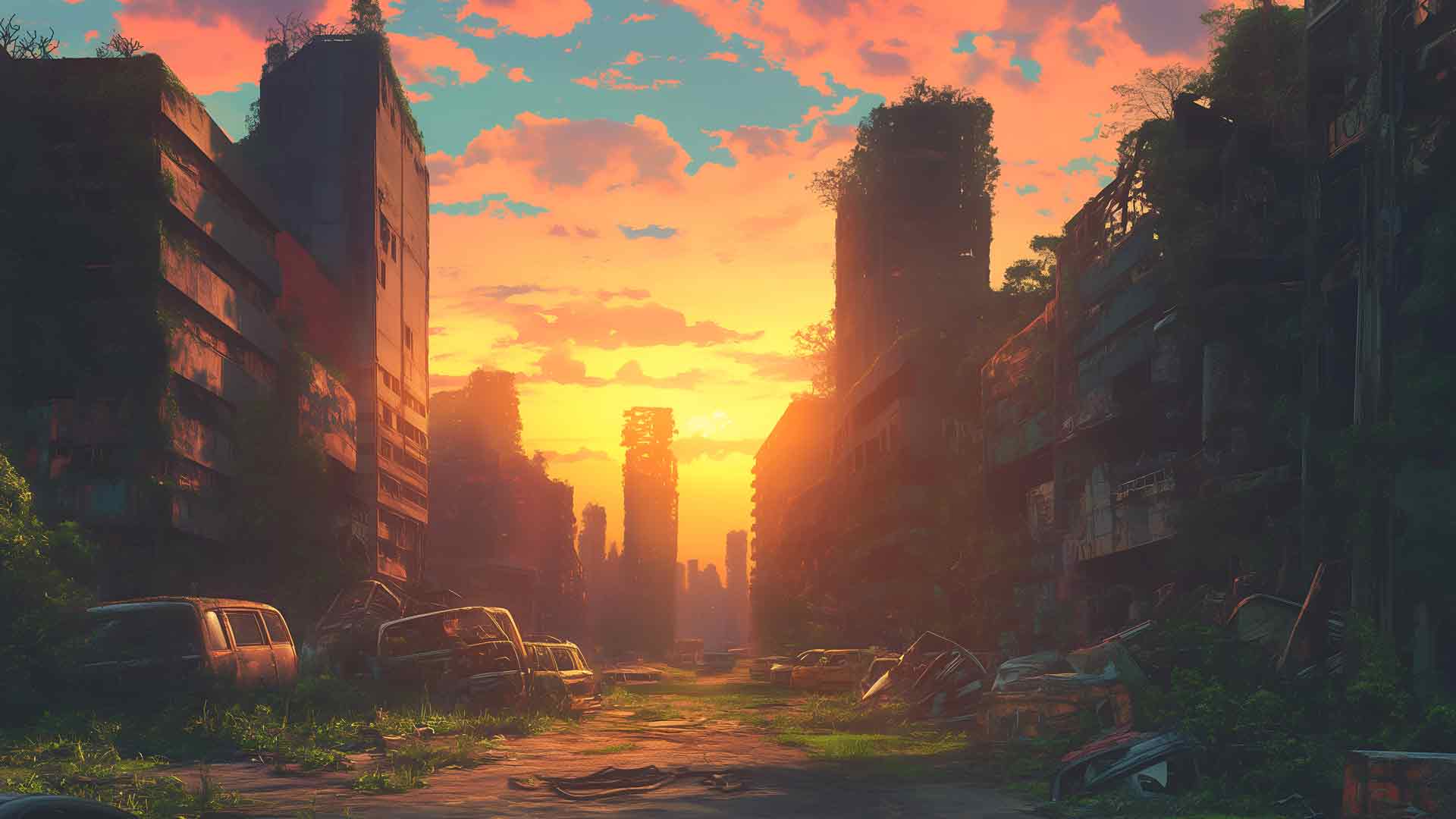 废弃的日落城市景观《最后生还者》桌面壁纸