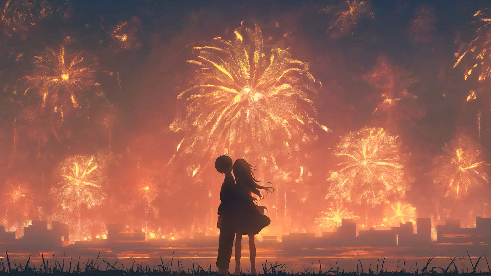 动漫情侣烟花浪漫光芒桌面壁纸