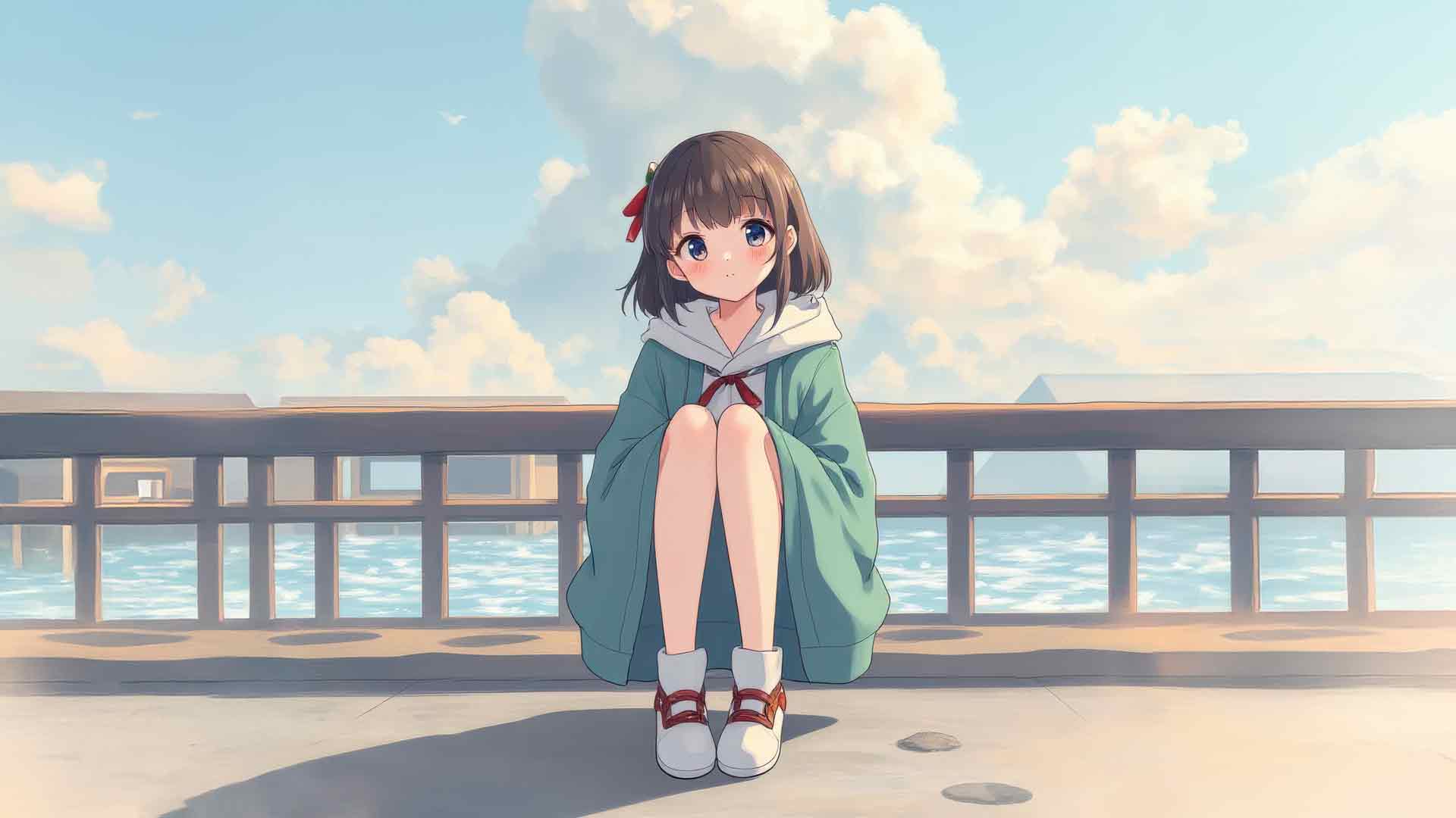 动漫女孩在海边甲板上休息
