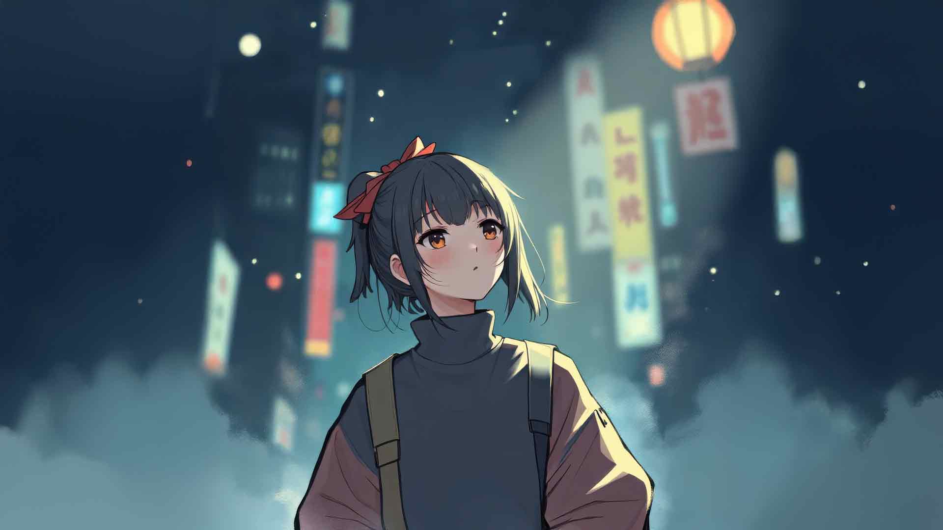 动漫女孩与红发丝带