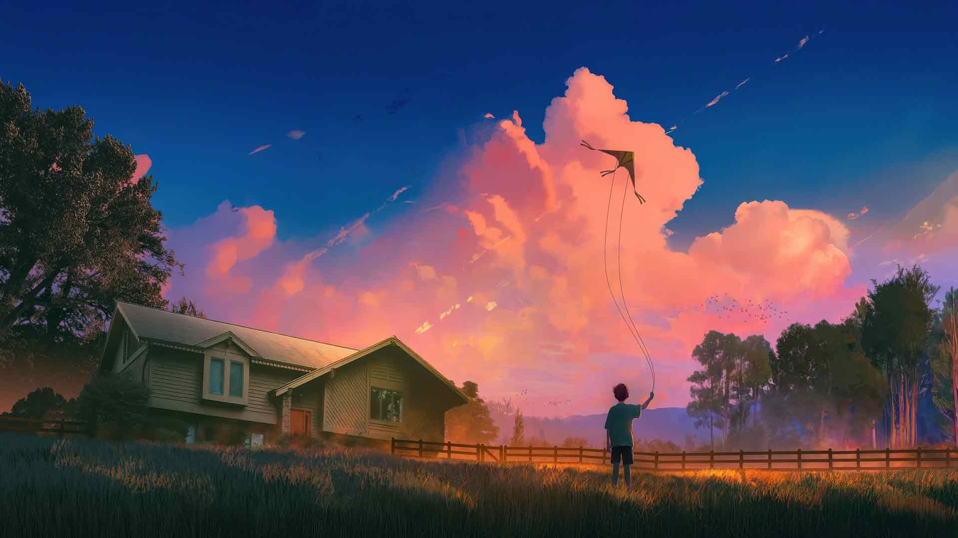 男孩在金色乡村田野里放风筝