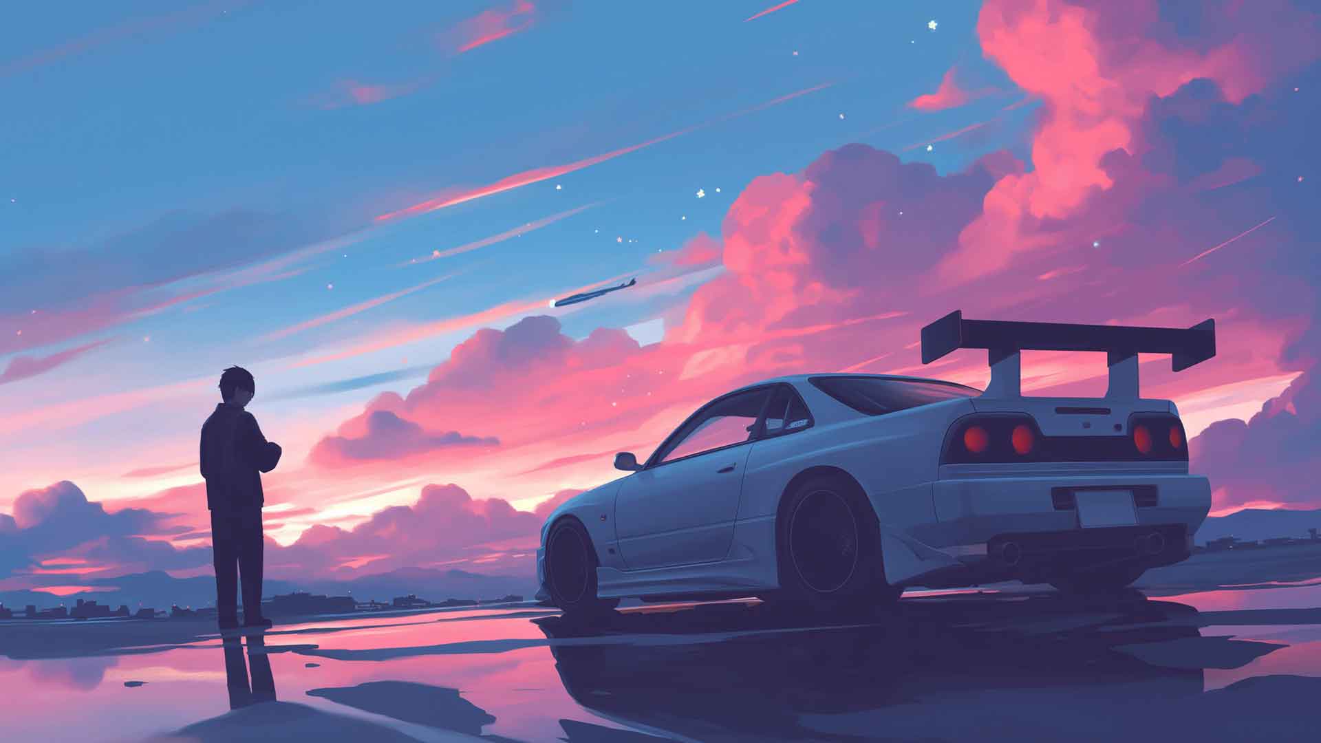 汽车和天际线日落桌面壁纸