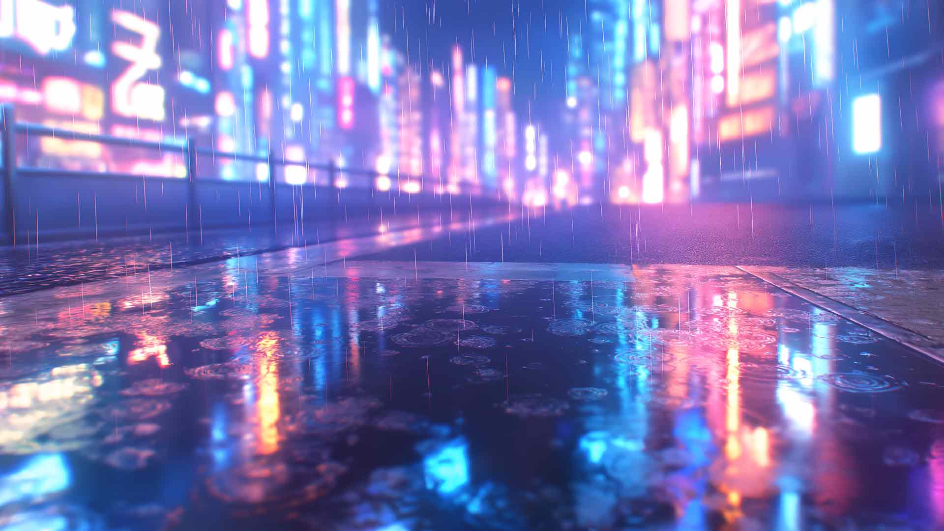 赛博朋克城市雨夜霓虹灯反射桌面壁纸