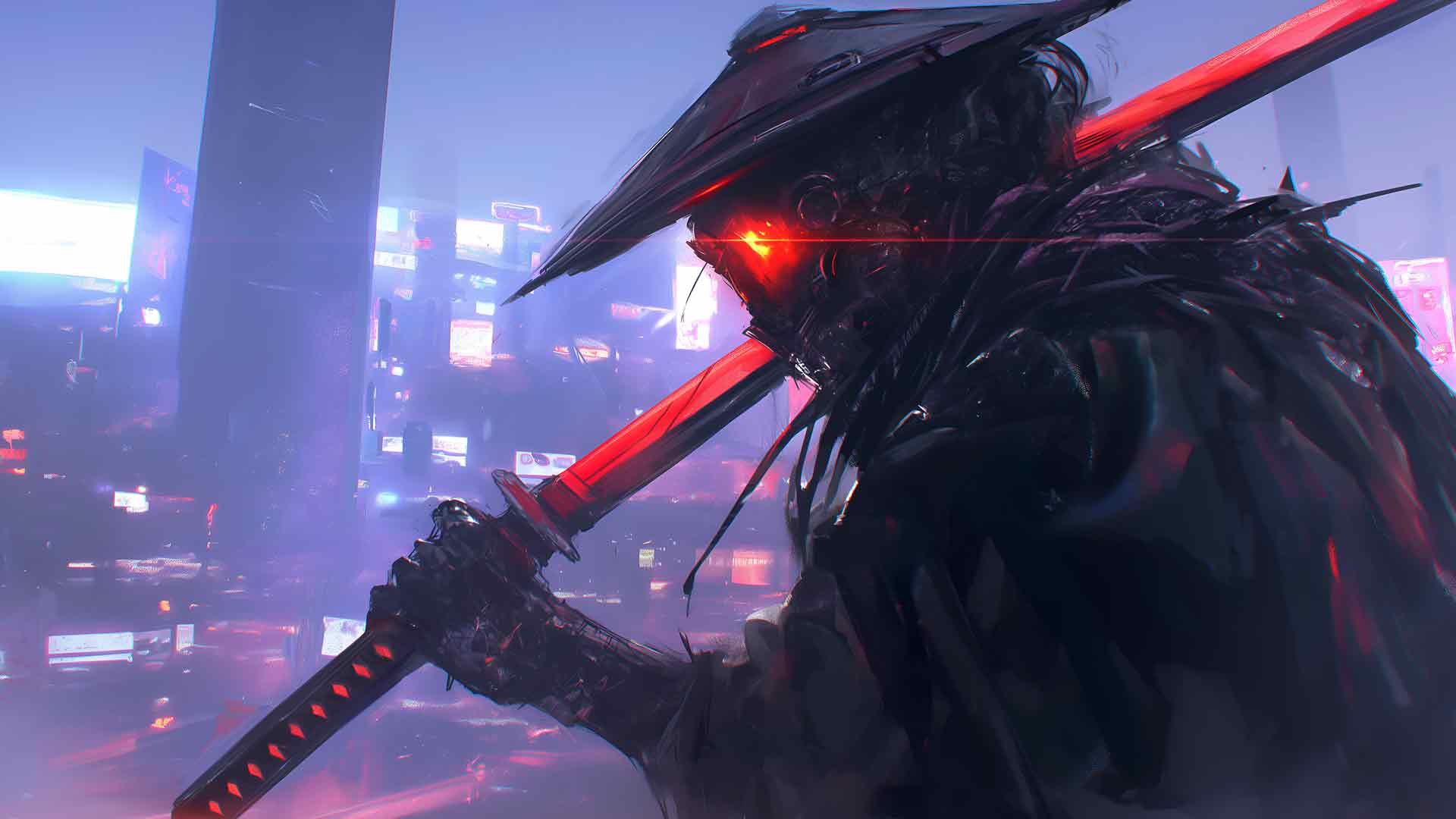 赛博朋克武士发光的红色剑桌面壁纸